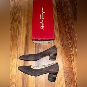 Salvatore Ferragamo Luminaria BROWN Suede Pumps Block Heels 7 AAAA